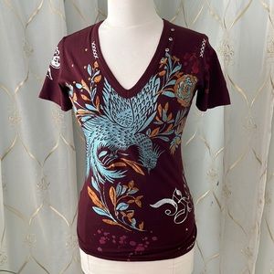 Rebel Spirit Burgundy Tee with Turquoise and Copper Design